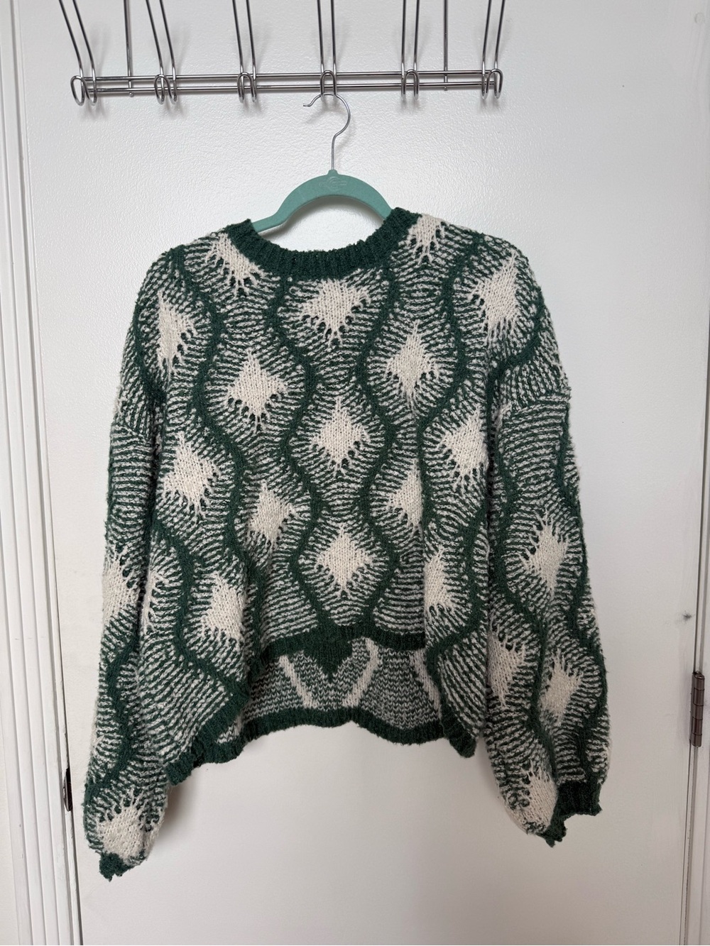 Forest Green & Cream Geometric Knit Crewneck Sweater